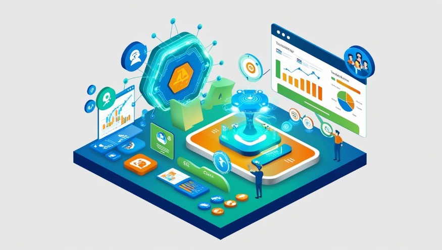 인공지능과 마케팅의 조화_ 새로운 시대의 마케팅 전략에 대한 칼럼을 작성했어. 이 글에 어울리는 이미지를 아이소메트릭 형태로 만들어줘. 글자는 이미지에서 제외시켜줘. (3).jpg